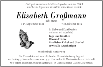 Traueranzeige von Elisabeth Großmann von Husumer Nachrichten