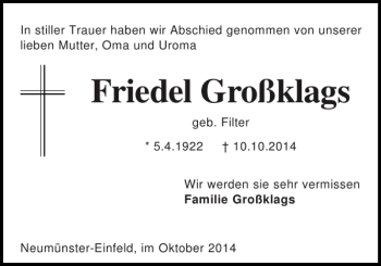 Traueranzeige von Friedel Großklags von Holsteinischer Courier