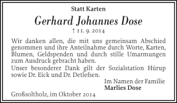 Traueranzeige von Gerhard Johannes Dose von Flensburger Tageblatt