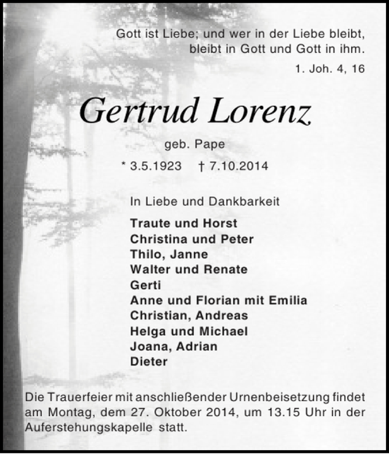  Traueranzeige für Gertrud Lorenz vom 11.10.2014 aus Holsteinischer Courier