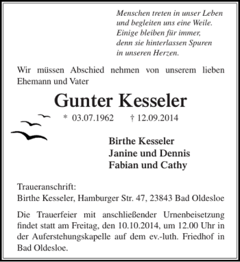 Traueranzeige von Gunter Kesseler von Stormarner Tageblatt