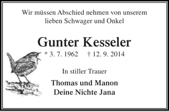 Traueranzeige von Gunter Kesseler von Stormarner Tageblatt
