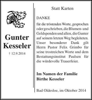 Traueranzeige von Gunter Kesseler von Stormarner Tageblatt