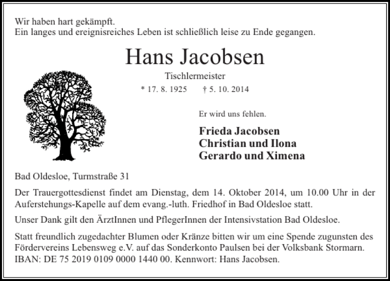  Traueranzeige für Hans Jacobsen vom 08.10.2014 aus Stormarner Tageblatt