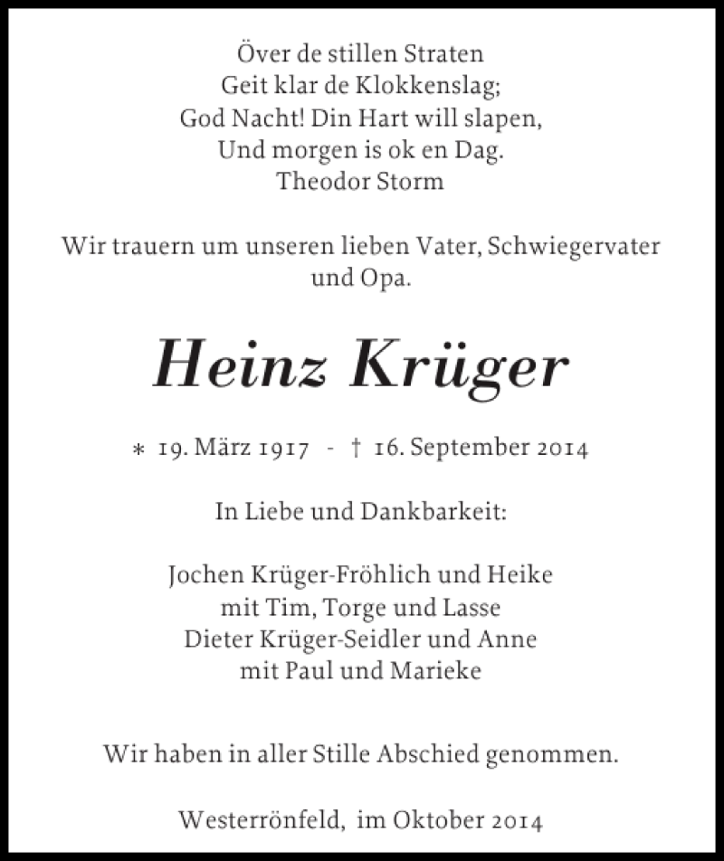  Traueranzeige für Heinz Krüger vom 11.10.2014 aus Landeszeitung