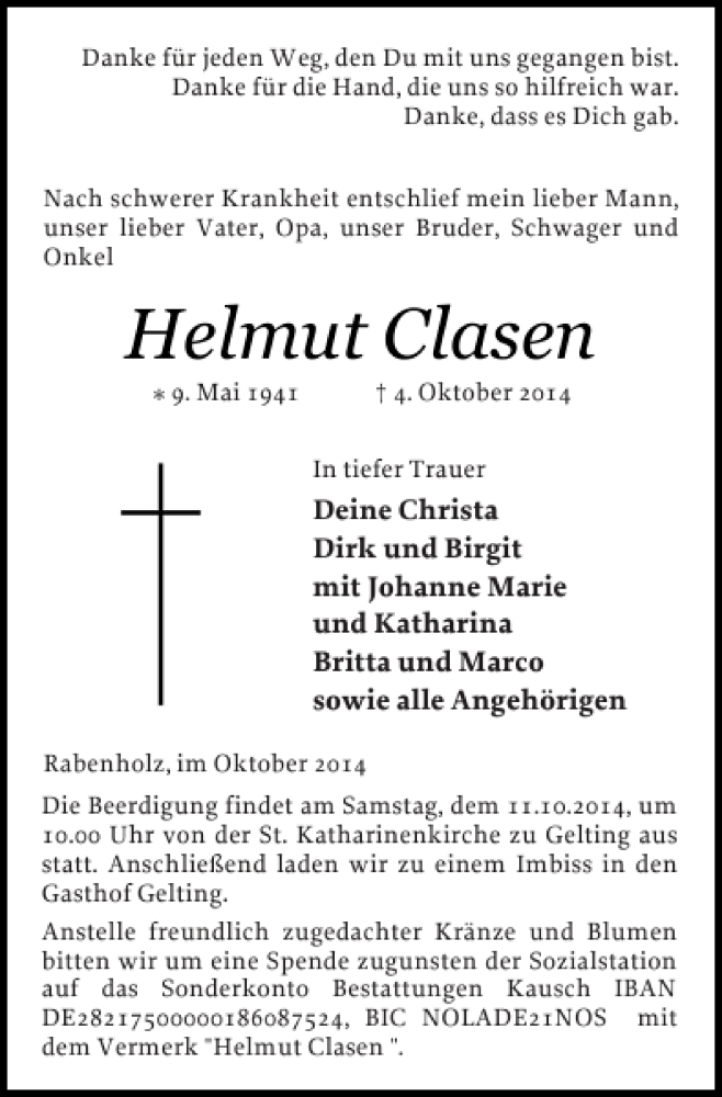  Traueranzeige für Helmut Clasen vom 07.10.2014 aus Flensburger Tageblatt