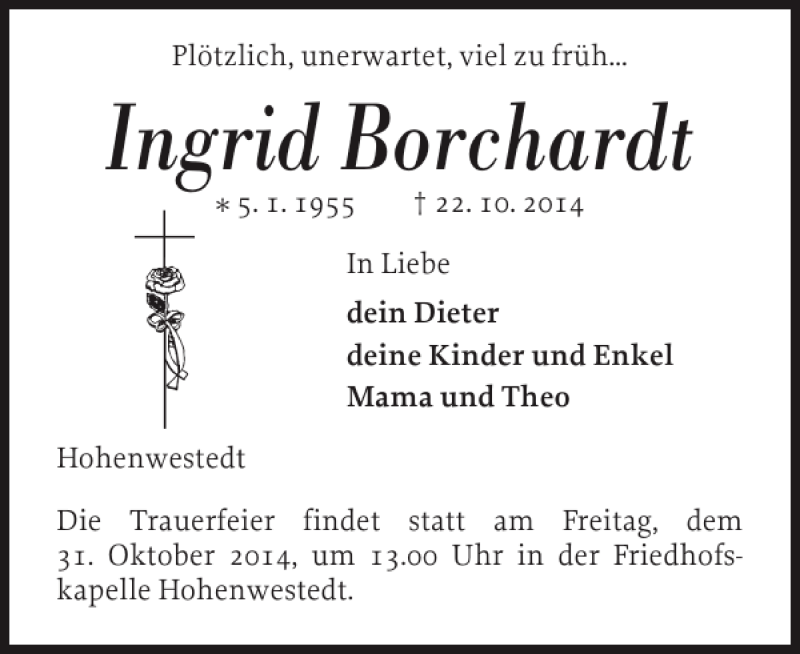  Traueranzeige für Ingrid Borchardt vom 29.10.2014 aus Landeszeitung