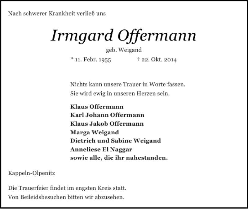  Traueranzeige für Irmgard Offermann vom 25.10.2014 aus Flensburger Tageblatt