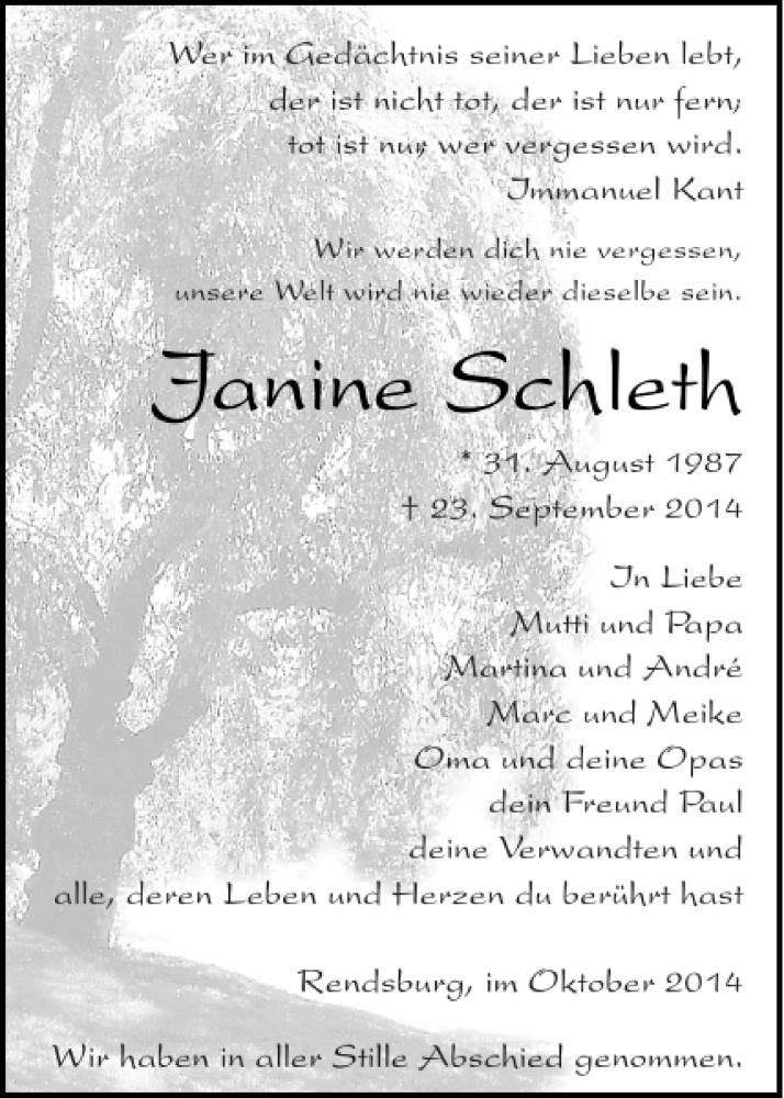  Traueranzeige für Janine Schleth vom 25.10.2014 aus Landeszeitung