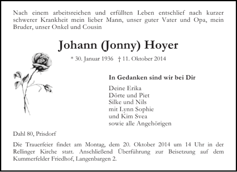  Traueranzeige für Johann Jonny Hoyer vom 15.10.2014 aus Pinneberger Tageblatt