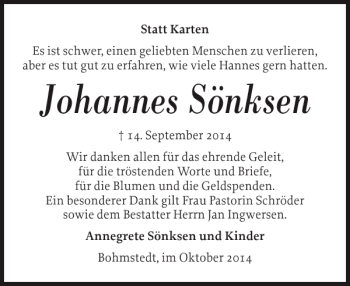 Traueranzeige von Johannes Sönksen von Husumer Nachrichten