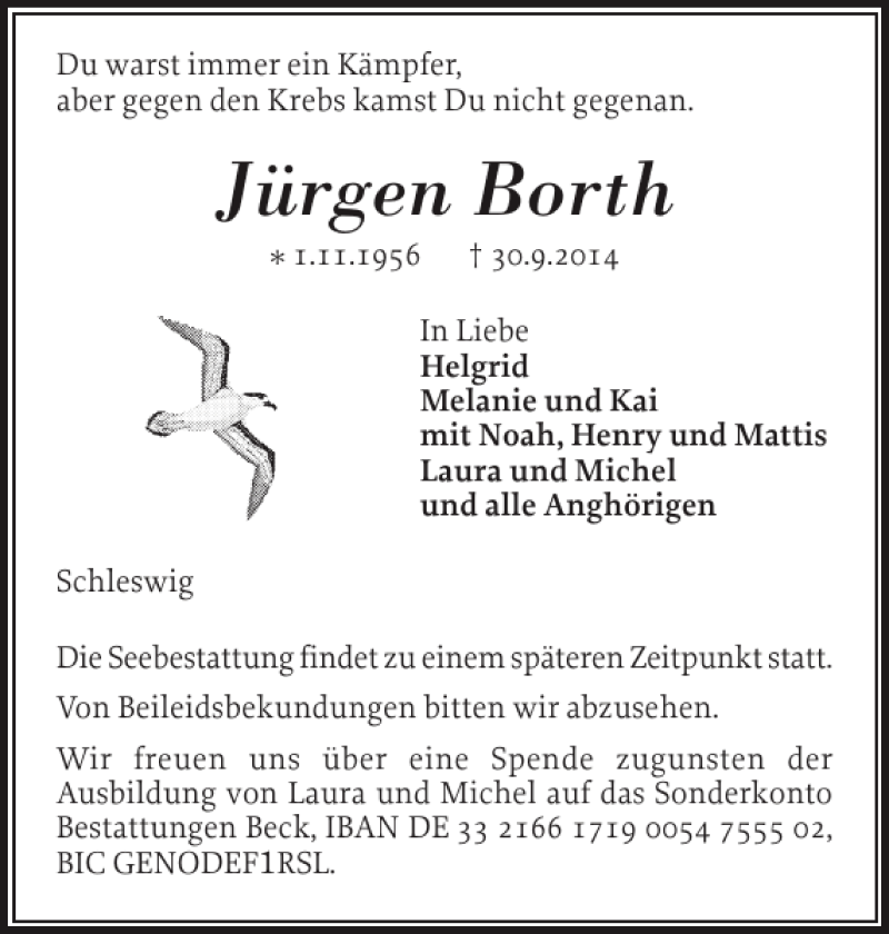  Traueranzeige für Jürgen Borth vom 04.10.2014 aus Schleswiger Nachrichten