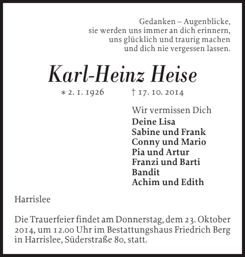  Traueranzeige für Karl-Heinz Heise vom 20.10.2014 aus Flensburger Tageblatt