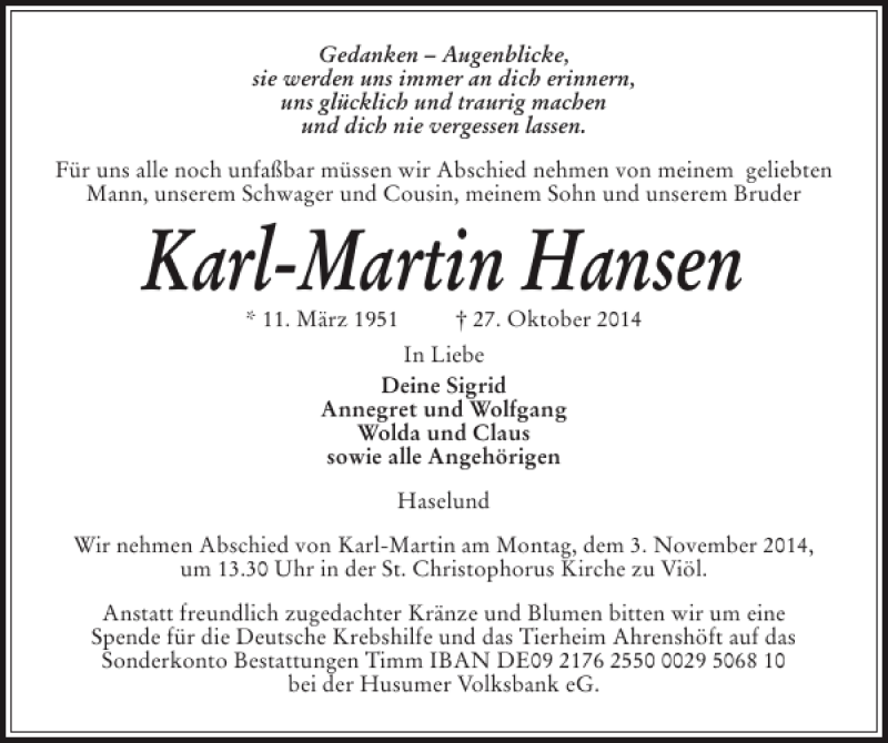  Traueranzeige für Karl-Martin Hansen vom 30.10.2014 aus Husumer Nachrichten