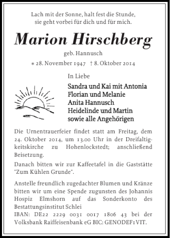 Traueranzeige von Marion Hirschberg von Nordfriesland Tageblatt