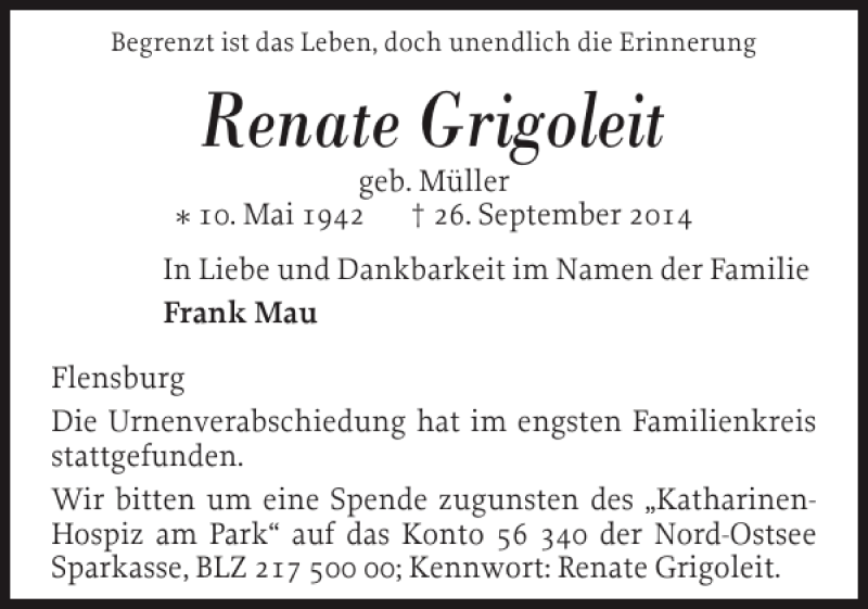  Traueranzeige für Renate Grigoleit vom 11.10.2014 aus Flensburger Tageblatt