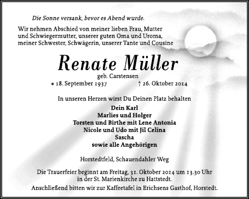  Traueranzeige für Renate Müller vom 29.10.2014 aus Husumer Nachrichten