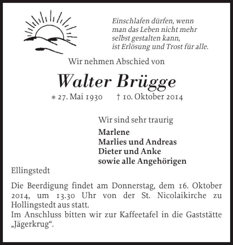  Traueranzeige für Walter Brügge vom 14.10.2014 aus Schleswiger Nachrichten