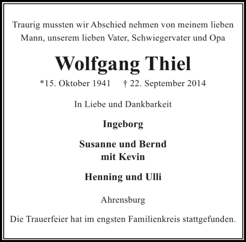  Traueranzeige für Wolfgang Thiel vom 04.10.2014 aus Stormarner Tageblatt