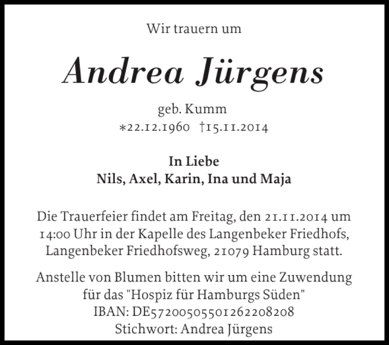  Traueranzeige für Andrea Jürgens vom 20.11.2014 aus Flensburger Tageblatt