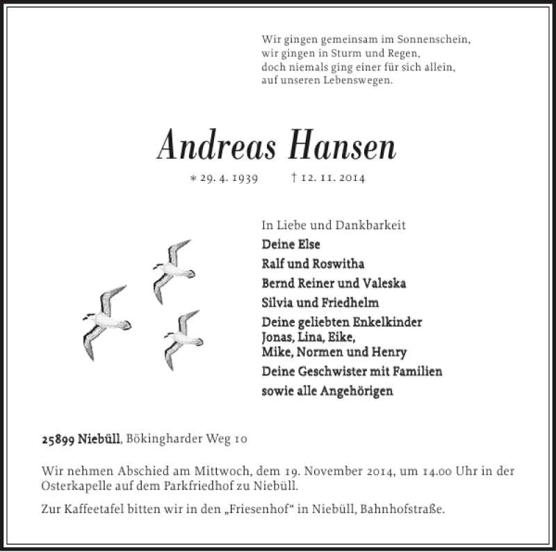  Traueranzeige für Andreas Hansen vom 14.11.2014 aus Husumer Nachrichten