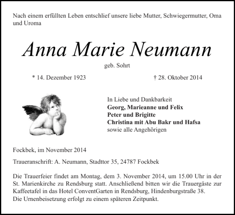  Traueranzeige für Anna Marie Neumann vom 01.11.2014 aus Landeszeitung