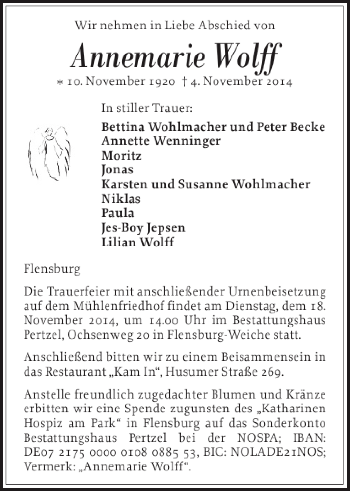  Traueranzeige für Annemarie Wolff vom 08.11.2014 aus Flensburger Tageblatt