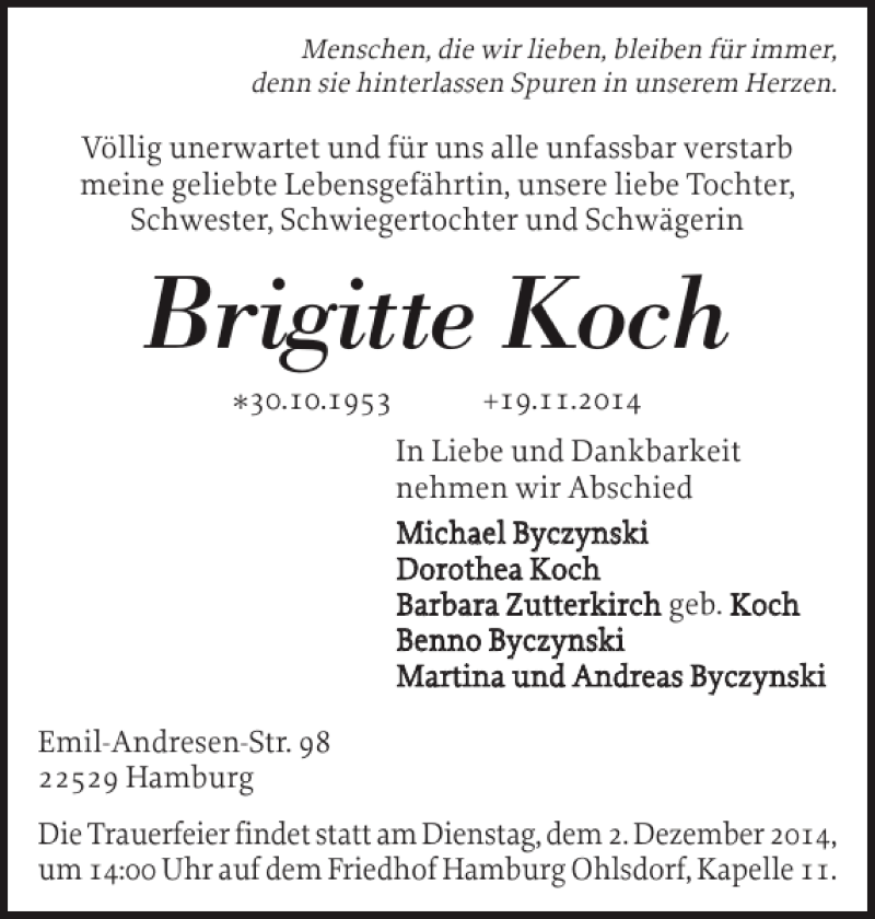  Traueranzeige für Brigitte Koch vom 26.11.2014 aus Flensburger Tageblatt