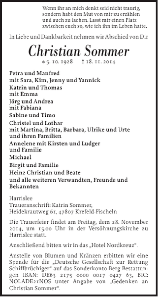  Traueranzeige für Christian Sommer vom 22.11.2014 aus Flensburger Tageblatt