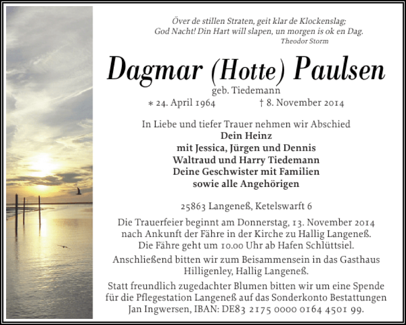  Traueranzeige für Dagmar Paulsen vom 10.11.2014 aus Husumer Nachrichten