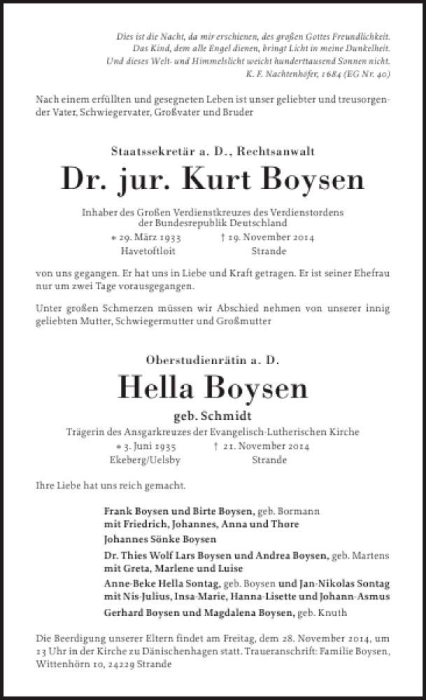  Traueranzeige für Dr. jur. Kurt Boysen Hella Boysen  vom 25.11.2014 aus Ostholsteiner Anzeiger