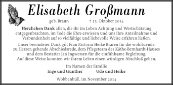 Traueranzeige von Elisabeth Großmann von Husumer Nachrichten