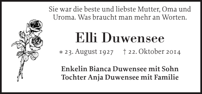  Traueranzeige für Elli Duwensee vom 01.11.2014 aus Pinneberger Tageblatt