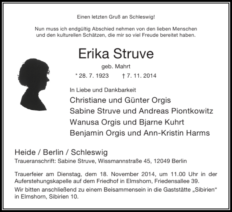  Traueranzeige für Erika Struve vom 12.11.2014 aus Schleswiger Nachrichten