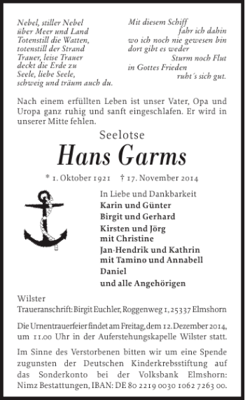 Traueranzeige von Hans Garms von Norddeutsche Rundschau