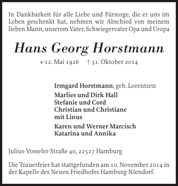 Traueranzeige von Hans Georg Horstmann von Schleswiger Nachrichten