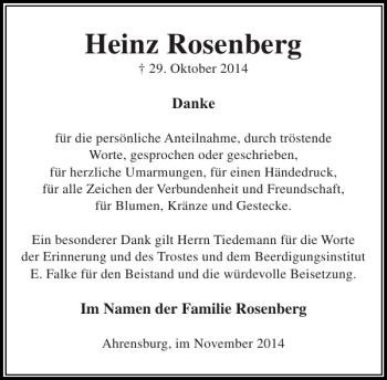 Traueranzeige von Heinz Rosenberg von Stormarner Tageblatt