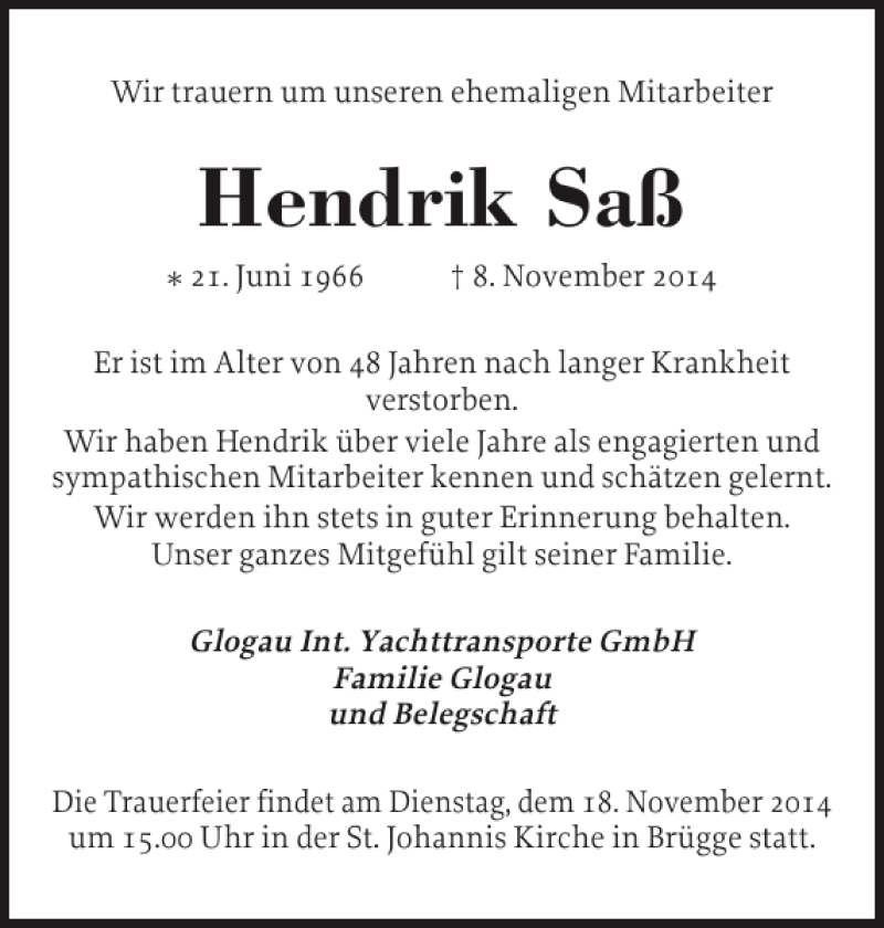  Traueranzeige für Hendrik Saß vom 15.11.2014 aus Holsteinischer Courier