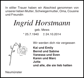 Traueranzeige von Ingrid Horstmann von Holsteinischer Courier