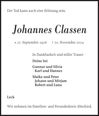 Traueranzeige von Johannes Classen von Nordfriesland Tageblatt