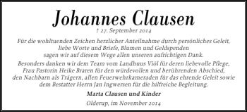 Traueranzeige von Johannes Clausen von Husumer Nachrichten