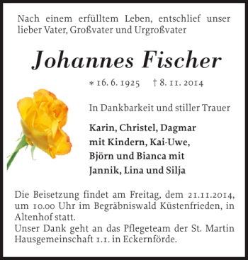 Traueranzeige von Johannes Fischer von Eckernförder Zeitung