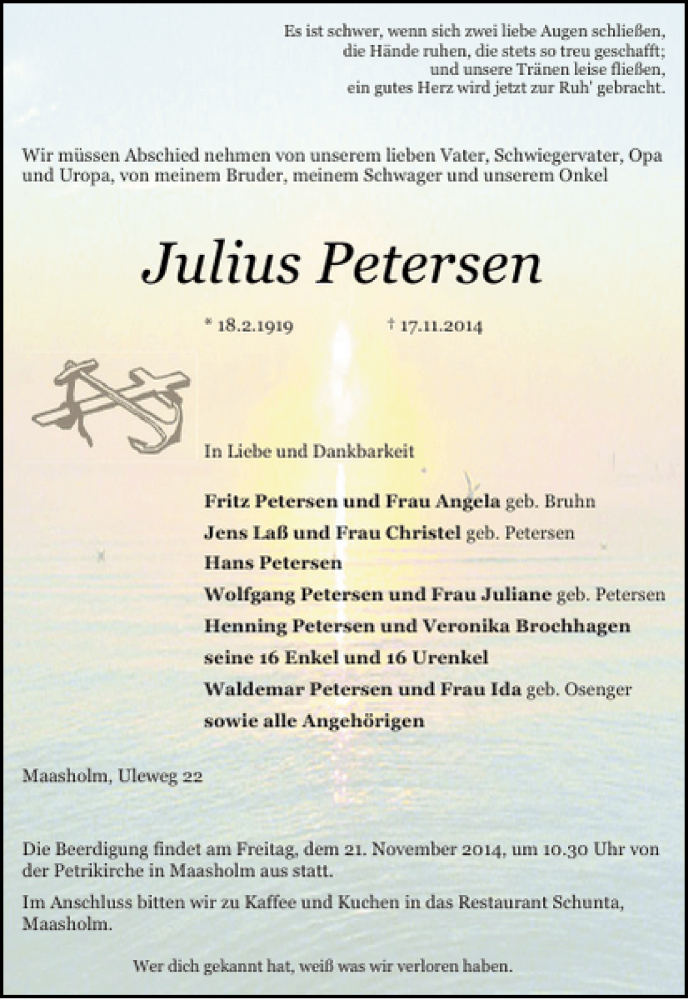  Traueranzeige für Julius Petersen vom 19.11.2014 aus Schlei-Bote