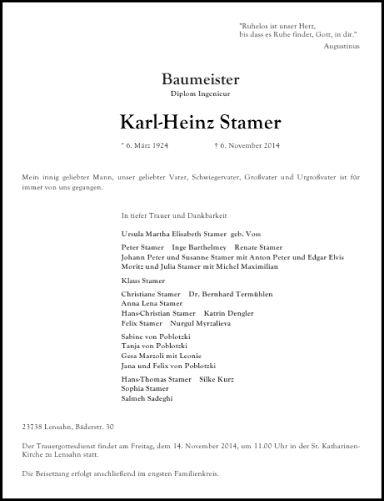  Traueranzeige für Karl-Heinz Stamer vom 11.11.2014 aus Ostholsteiner Anzeiger