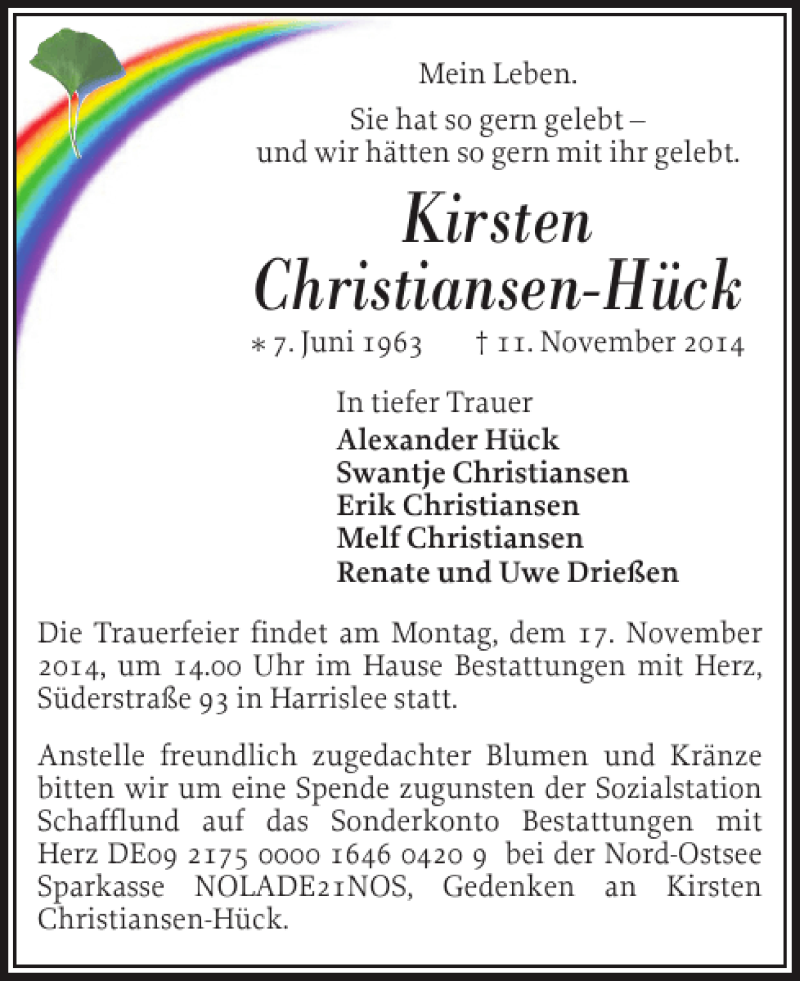  Traueranzeige für Kirsten Christiansen-Hück vom 14.11.2014 aus Flensburger Tageblatt