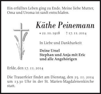 Traueranzeige von Käthe Peinemann von Landeszeitung