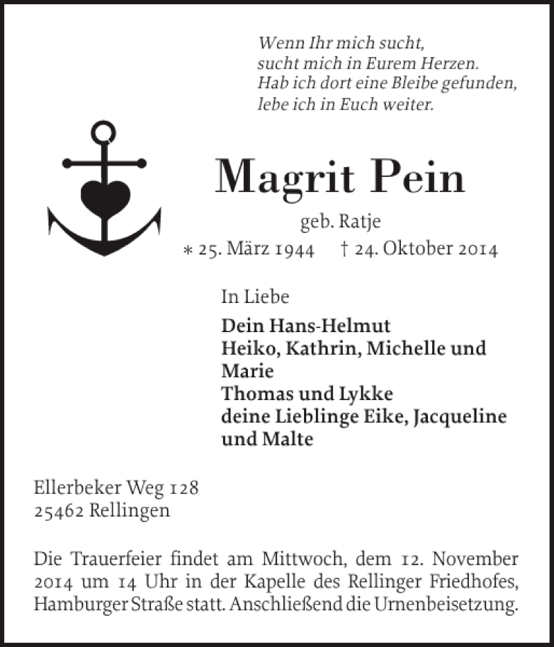  Traueranzeige für Magrit Pein vom 04.11.2014 aus Pinneberger Tageblatt