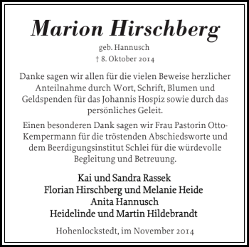 Traueranzeige von Marion Hirschberg von Norddeutsche Rundschau