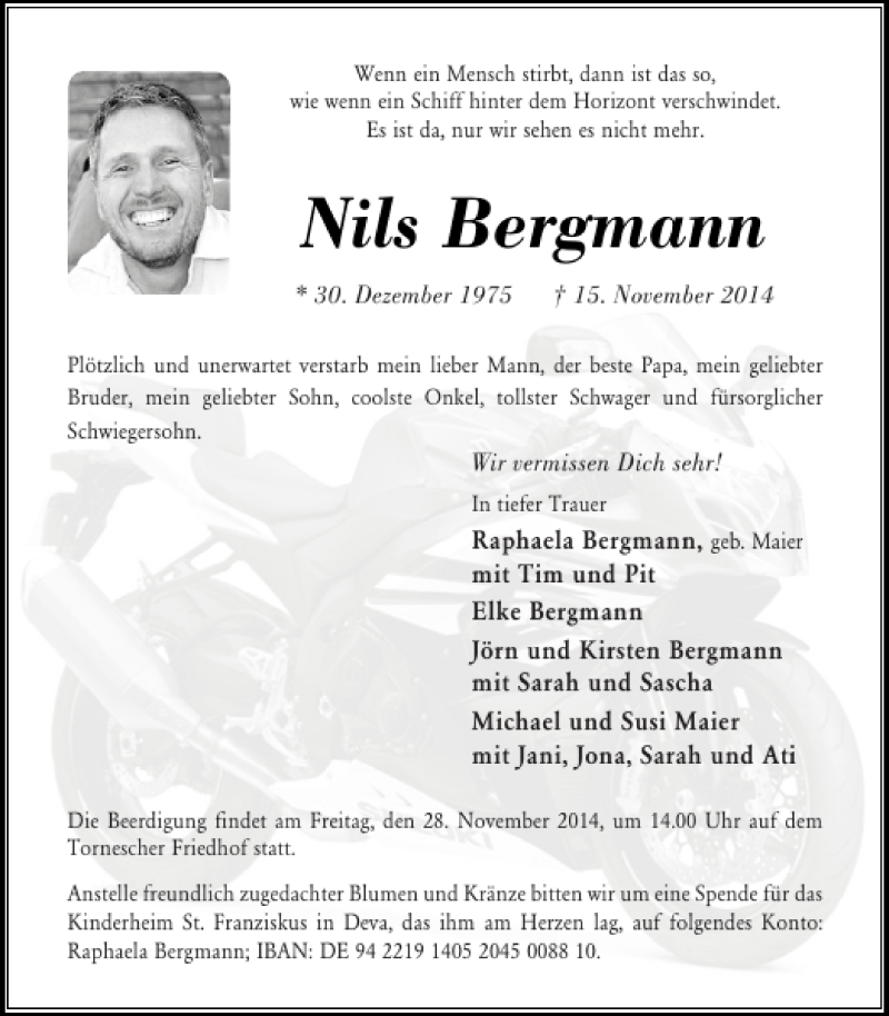  Traueranzeige für Nils Bergmann vom 22.11.2014 aus Pinneberger Tageblatt