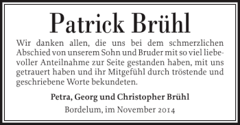 Traueranzeige von Patrick Brühl von Husumer Nachrichten